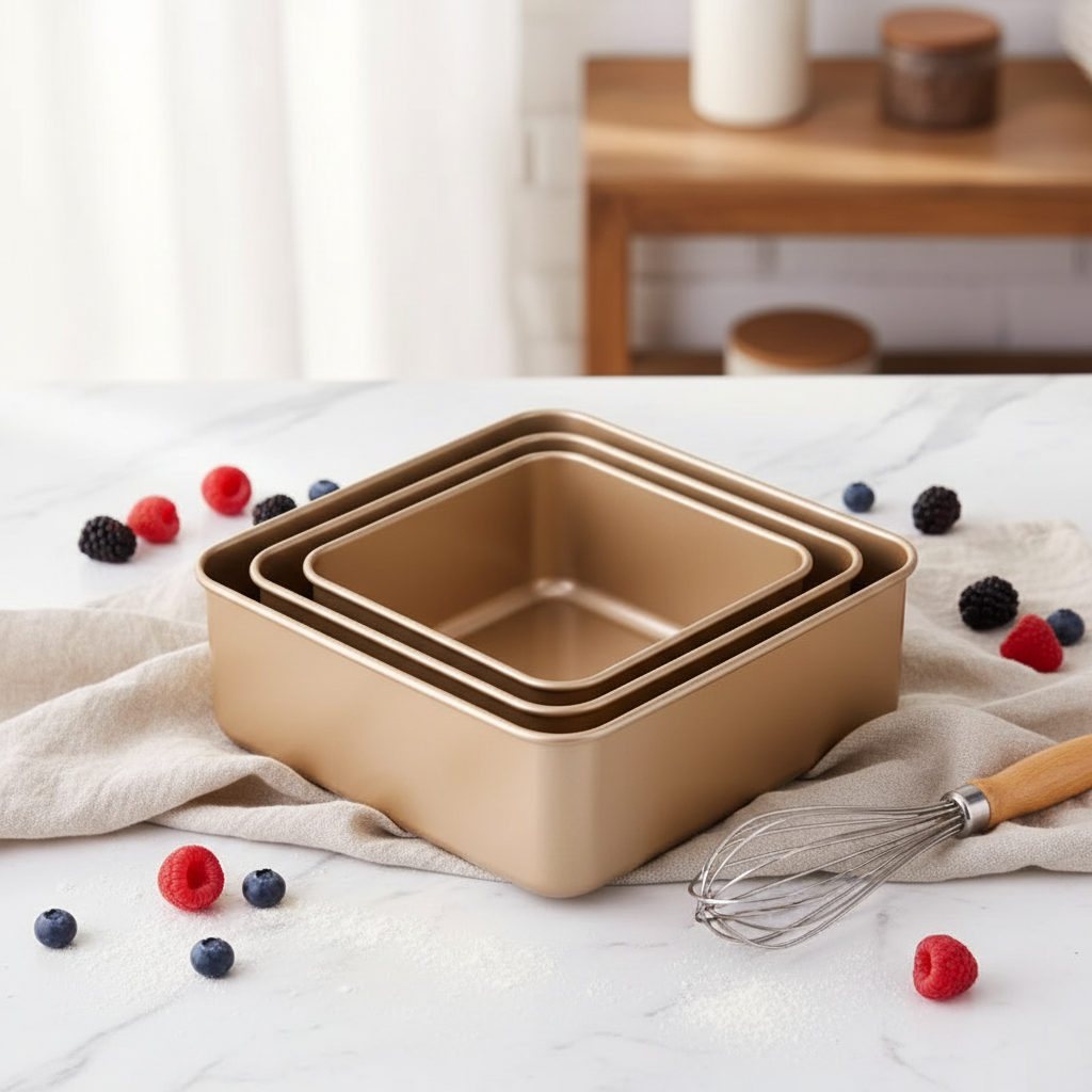 3 Moule a gateau carré empilé sur table cuisine 