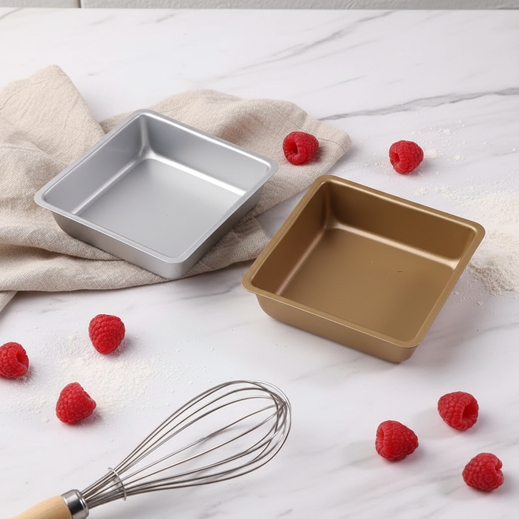 Moule à Gâteau Carré couleur argenté et doré sur table 