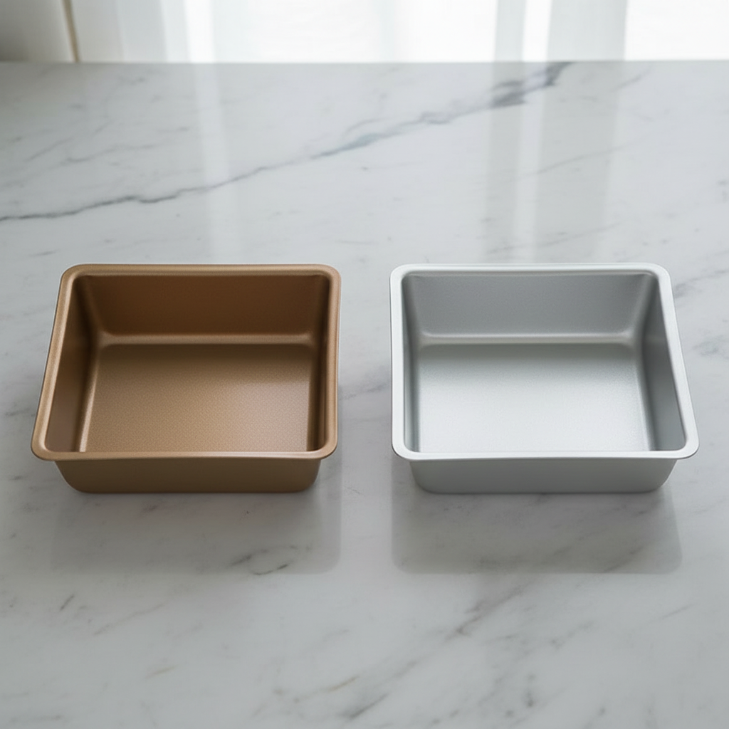 Moule à Gâteau Carré format argenté et doré sur table