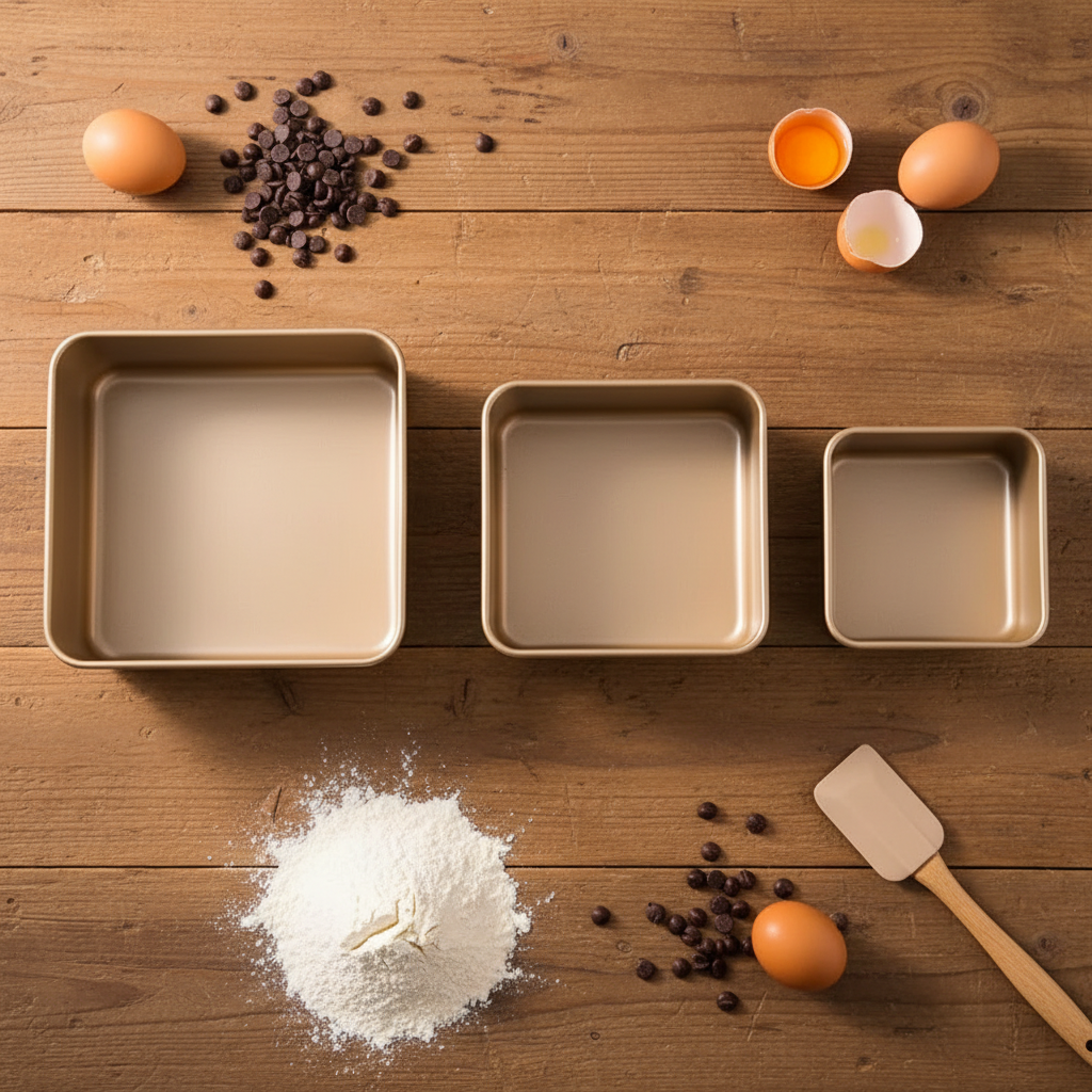 3 Moule a gateau carré sur table bois avec ingrédient 