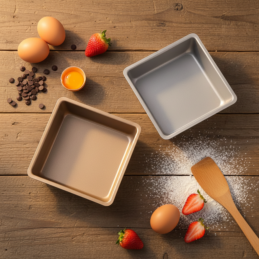 Moule à Gâteau Carré doré et argenté sur table bois