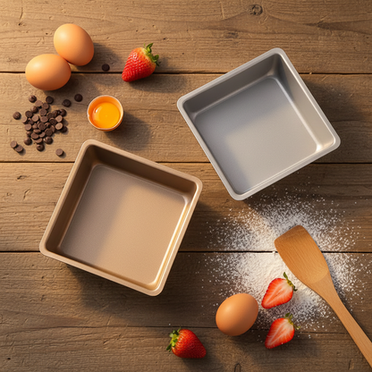 Moule à Gâteau Carré doré et argenté sur table bois