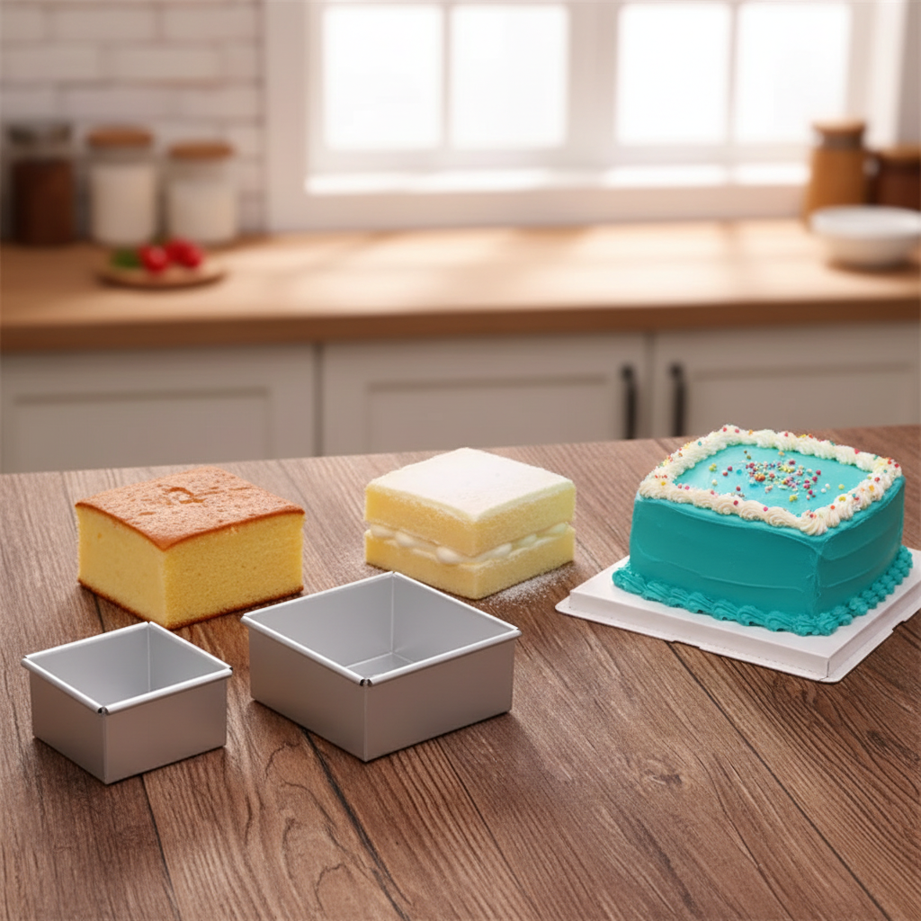 Moule à gateau carré et gâteaux décoré sur table cuisine