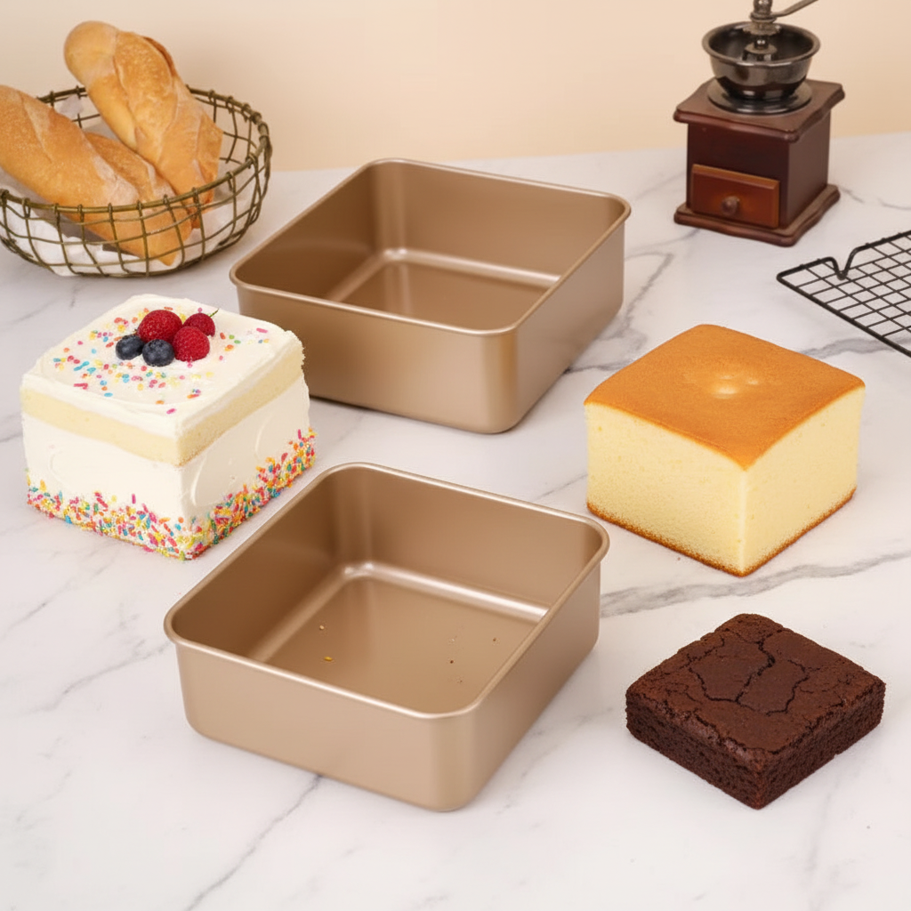Moule a gateau carré et résultat sur table cuisine 
