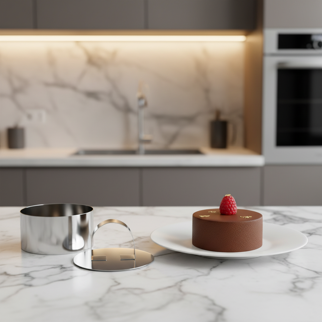 Cercle a entremet avec poussoir et entremet sur marbre cuisine