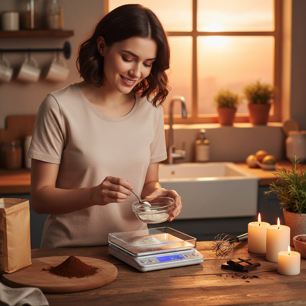 Femme utilise Balance pour patisserie pour pesée farine 