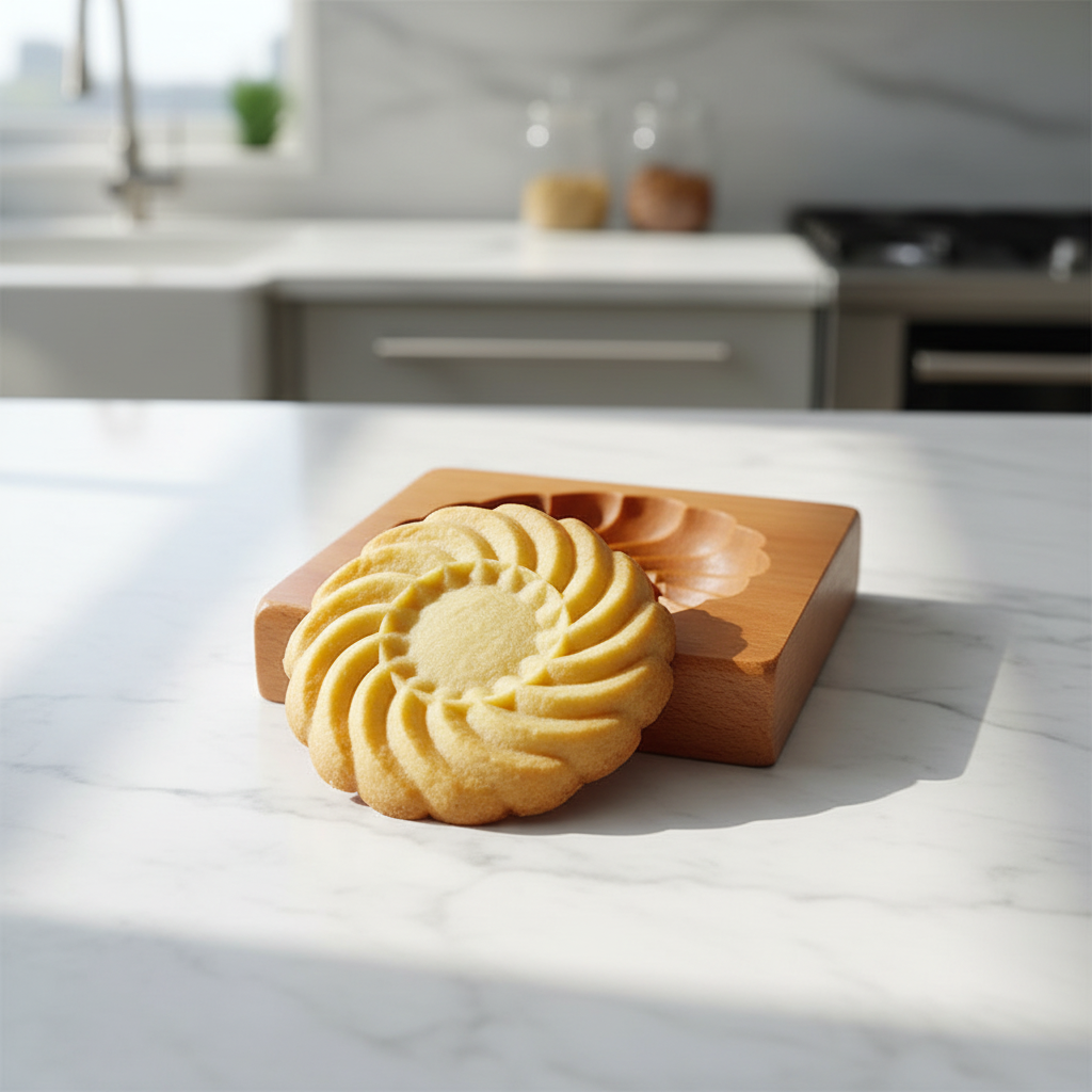 Emporte pièce fleur et biscuit sur table cuisine marbre 