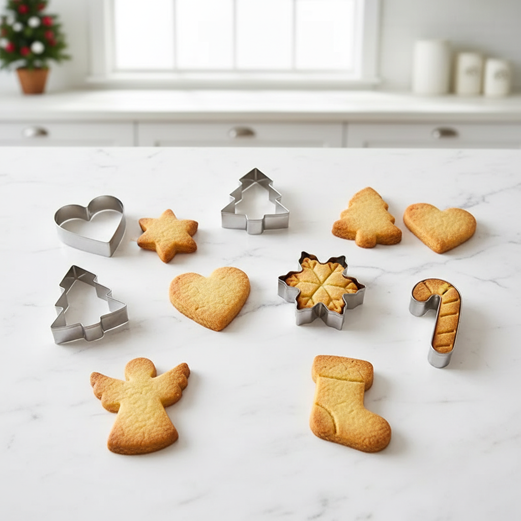 Emportes pieces noel INOXFETE™ avec biscuit sur table cuisine