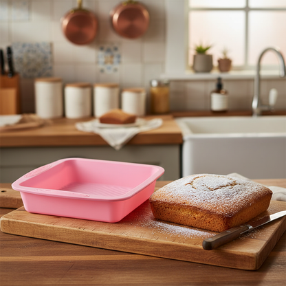 Moule carré en silicone rose et gâteau sur planche bois 