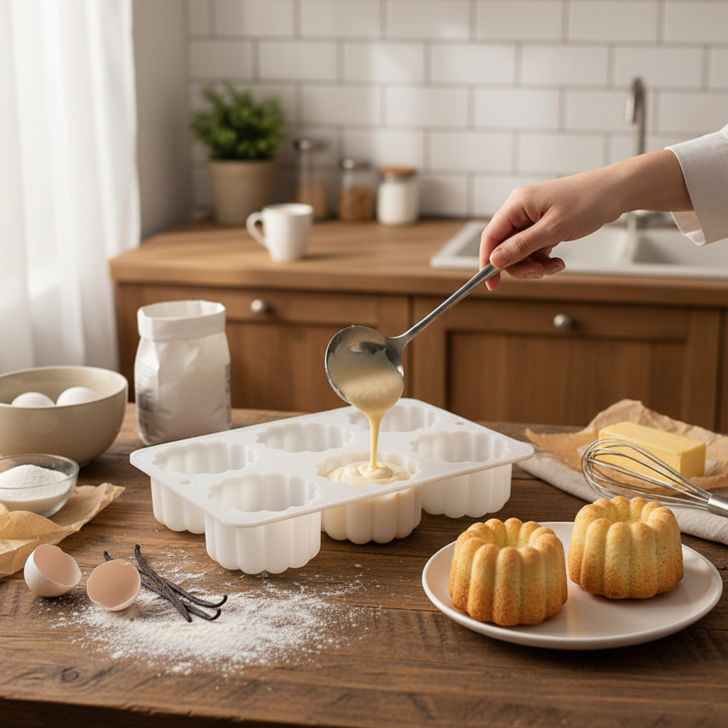 remplissage avec louche préparation pâtissière dans mini moule charlotte