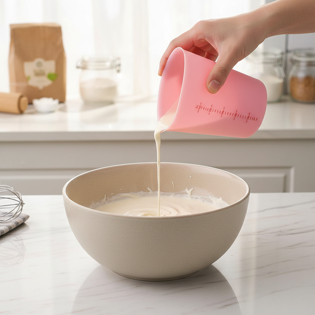 Mains verse lait dans bol avec Verre mesureur Rose 250ml