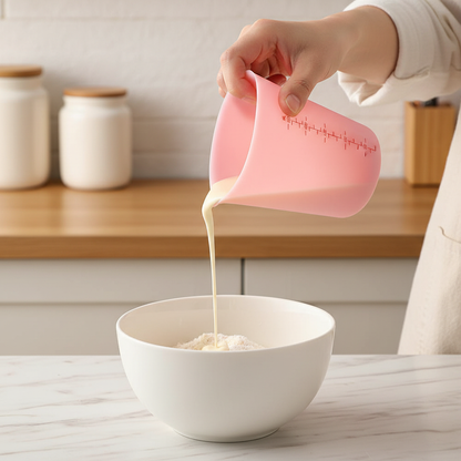 Mains versant lait dans bol avec Verre mesureur