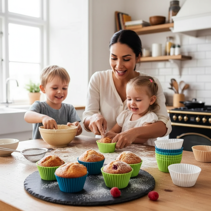 Partage muffins en famille avec caissettes à cupcake en silicone