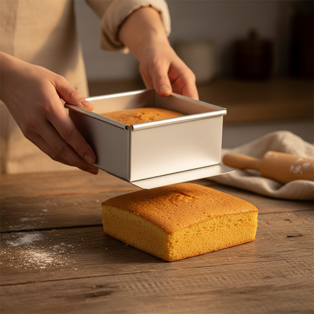 Démoulage Moule à gateau carré avec gâteau sur table bois