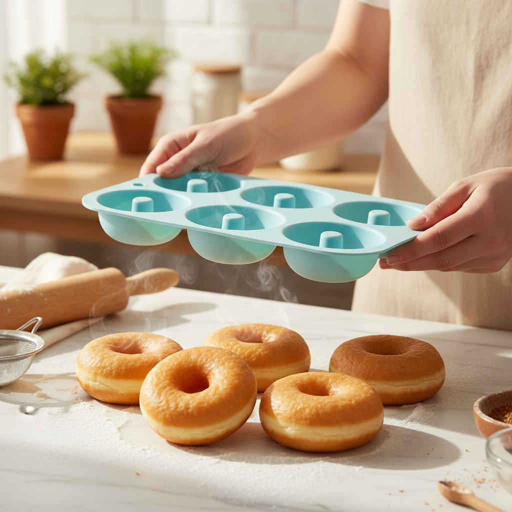 Démoulage donuts chaud avec moule à donuts bleu