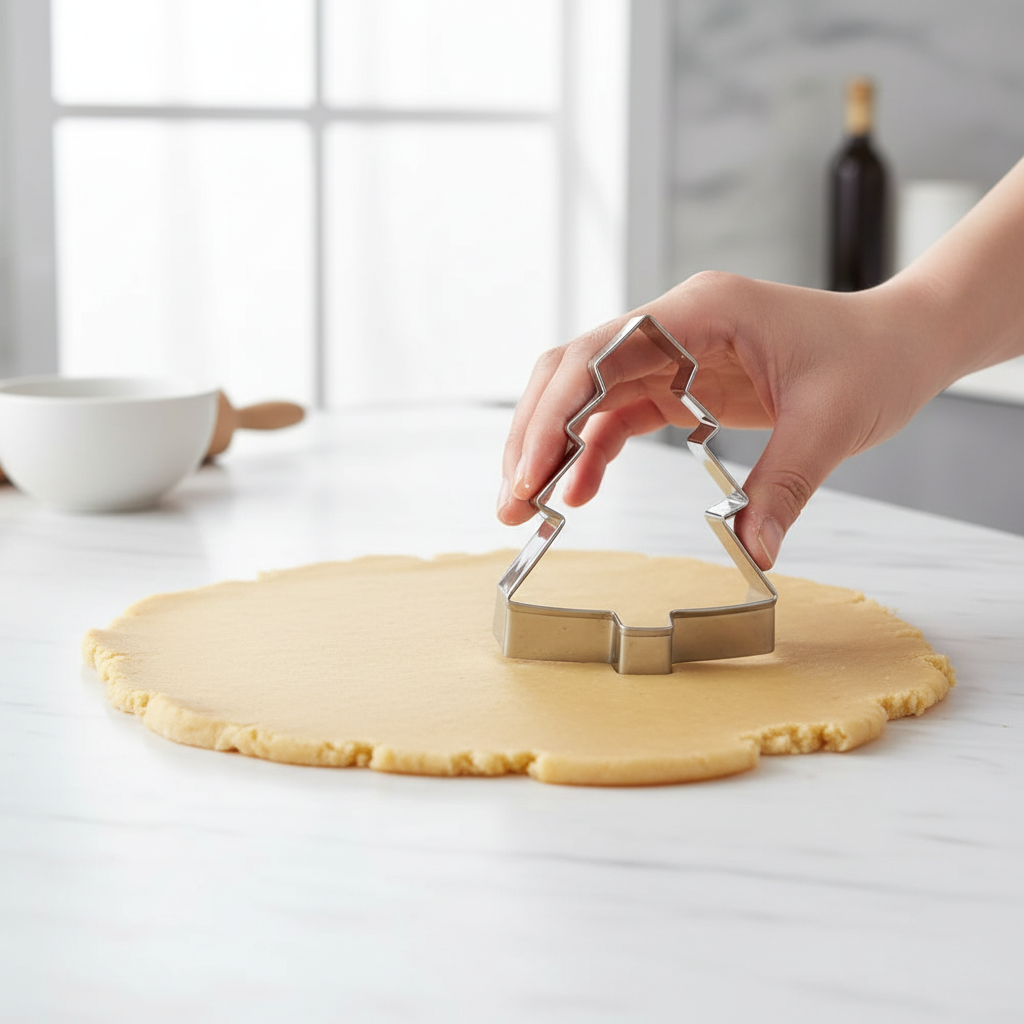 main tenant emporte pieces noel sur pâte biscuit