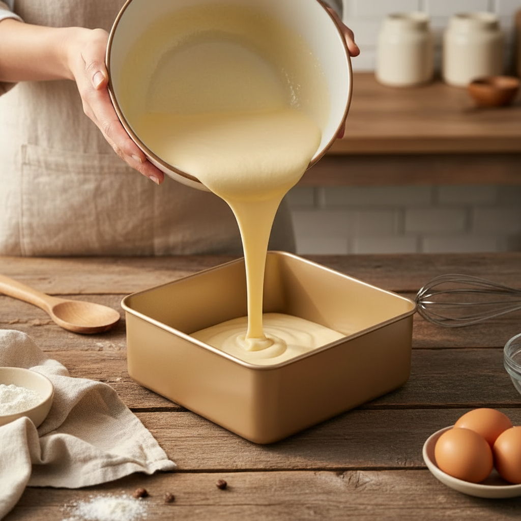 Versement préparation pâtissière dans Moule a gateau carré 