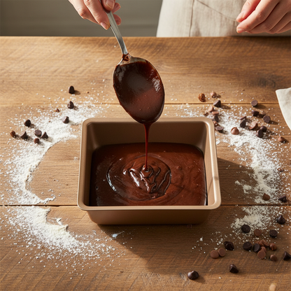 Versement pâte dans Moule à Gâteau Carré format doré