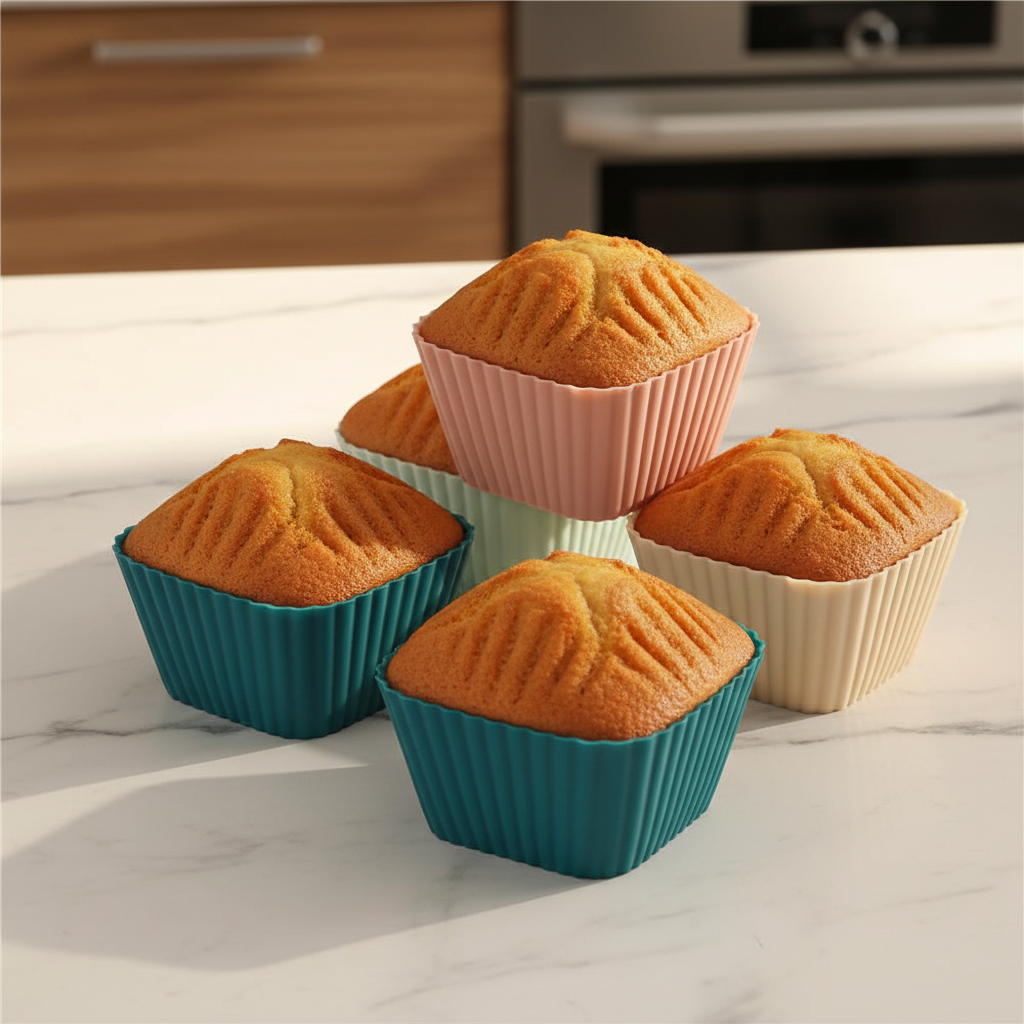 Moule silicone pour cupcake empilé sur table