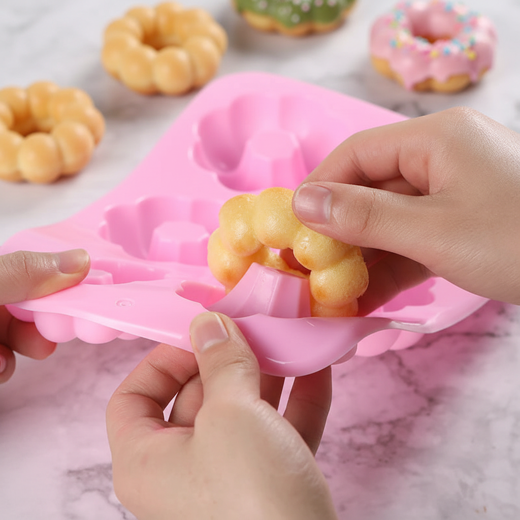 Mains démoule donuts forme fleur avec Moule pour Donuts