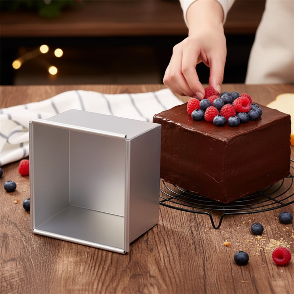 Moule à gateau carré avec Layer cake sur table bois