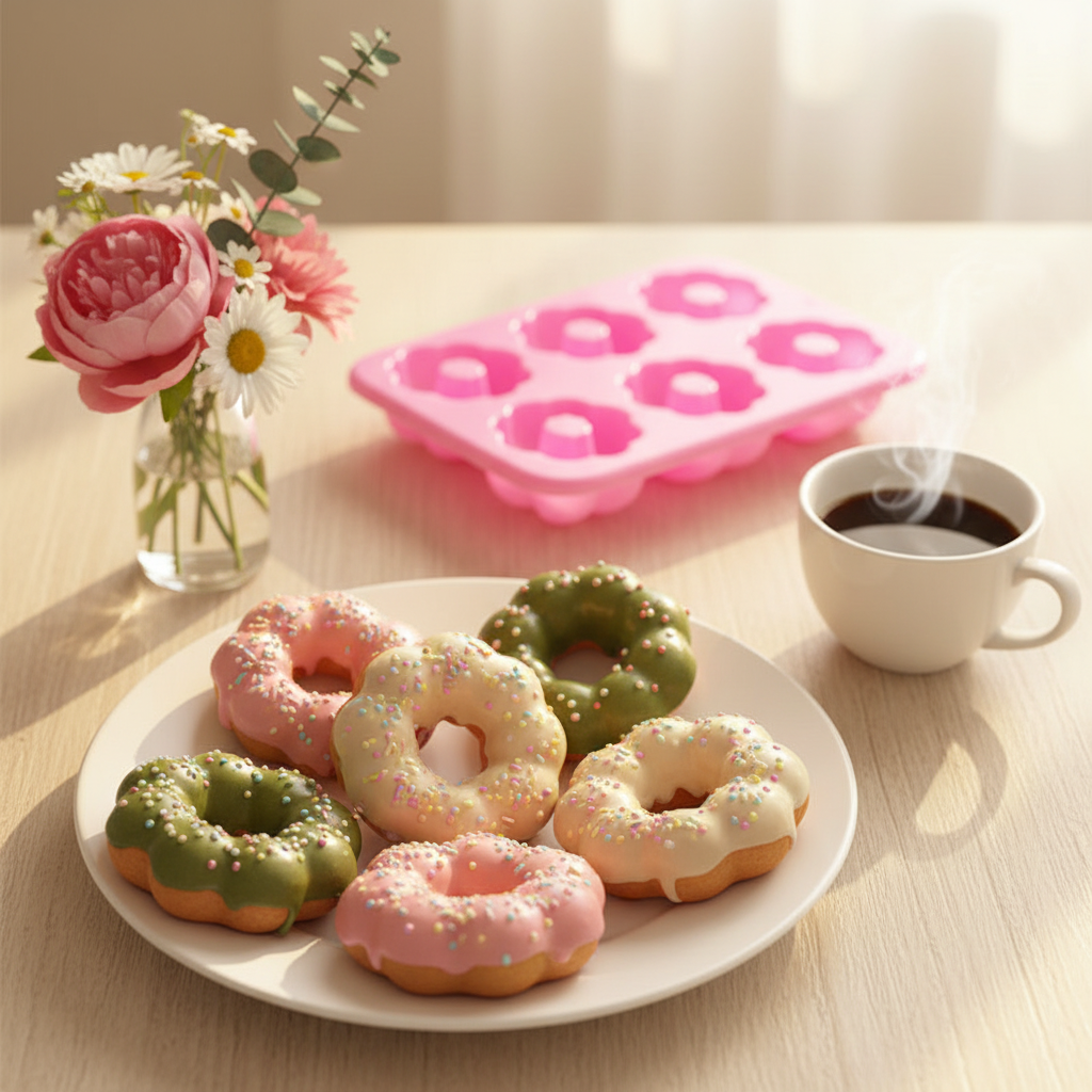 Moule pour Donuts avec donuts dans assiette sur table bois