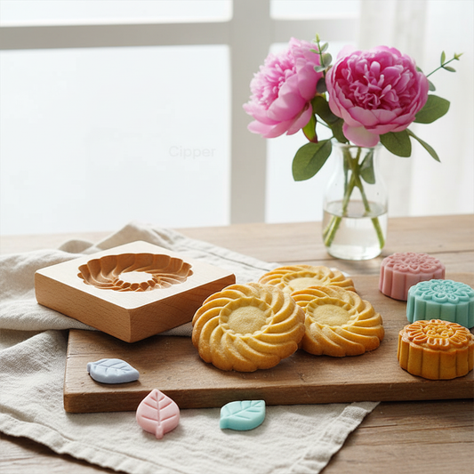 Emporte pièce fleur et biscuit forme fleur sur table bois 