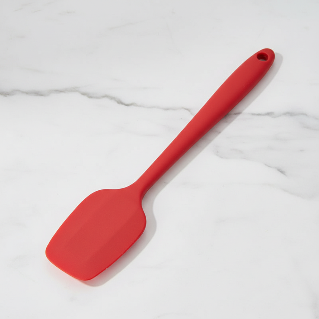 Spatule patisserie couleur rouge posé sur table