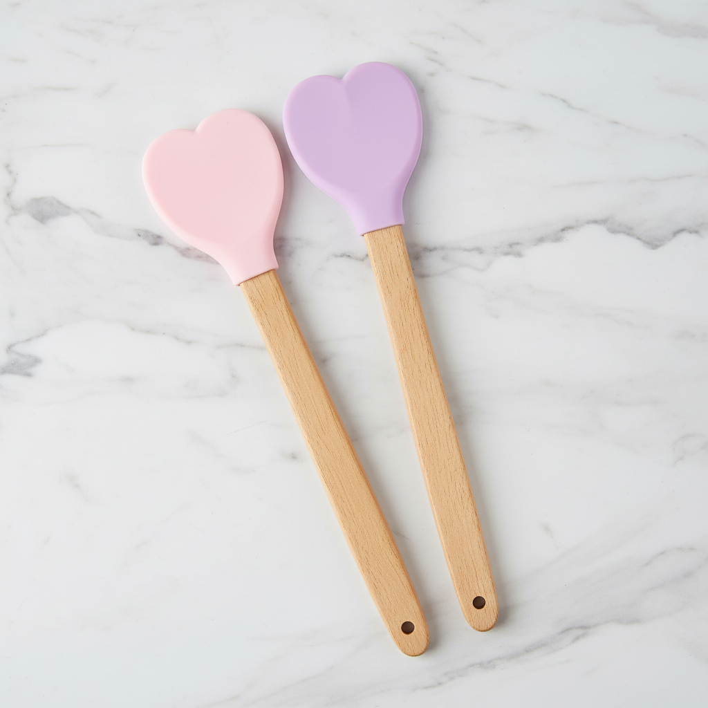 Spatules en silicone forme cœur posé sur table