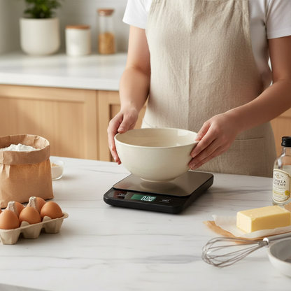 Utilisation Balance a patisserie sur plan travail cuisine