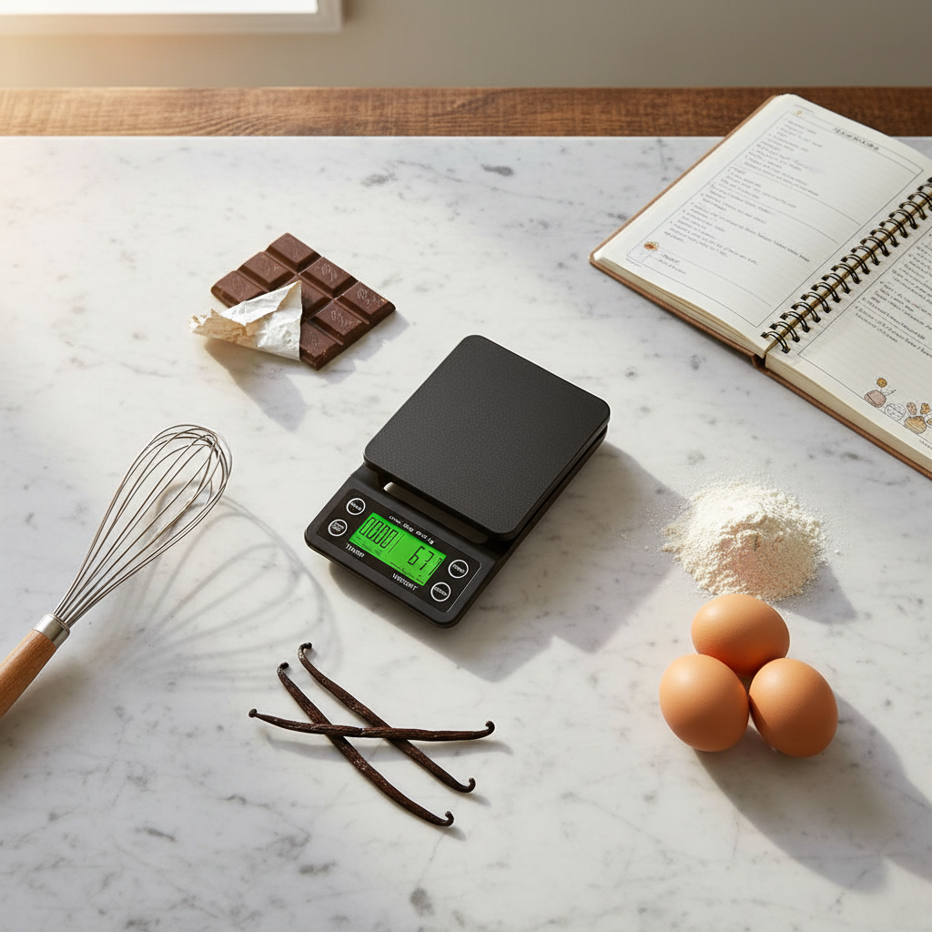 Balance patisserie sur plan travail cuisine avec recette et ingrédient