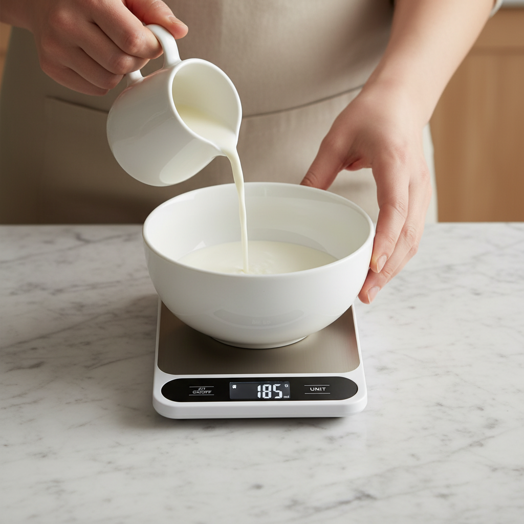 Pesée lait avec Balance a patisserie sur plan cuisine