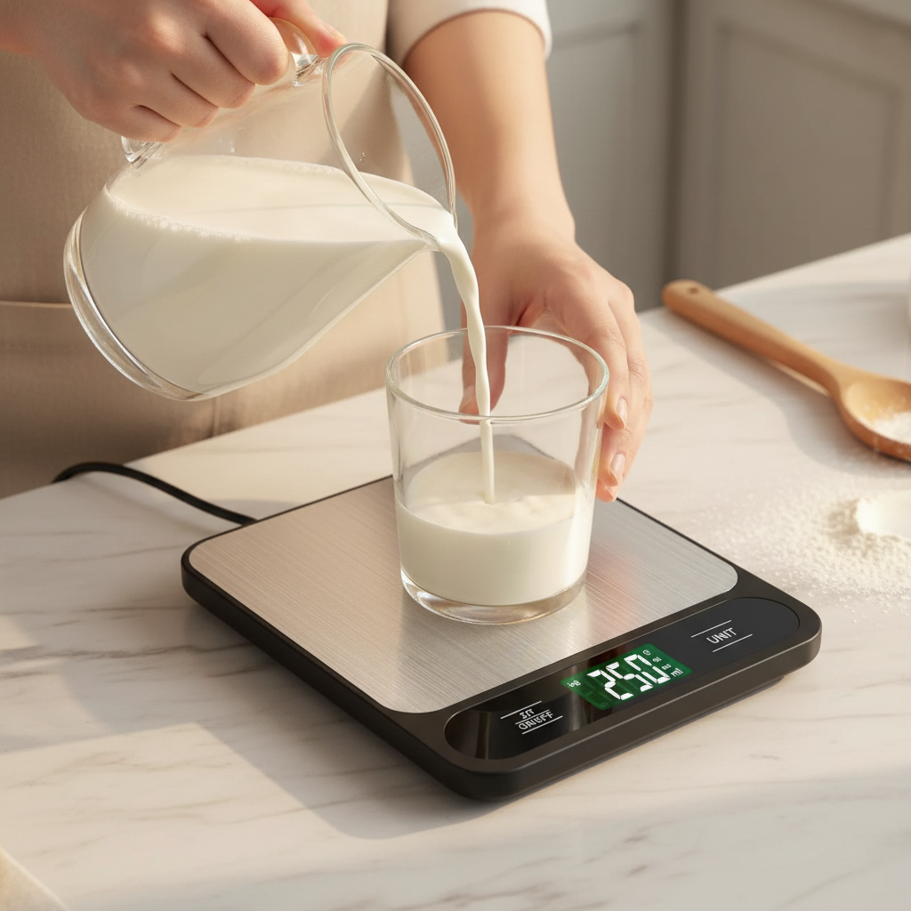 Pesée verre de lait avec Balance a patisserie