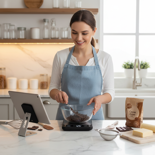 Femme pèse pépite chocolat avec Balance a patisserie