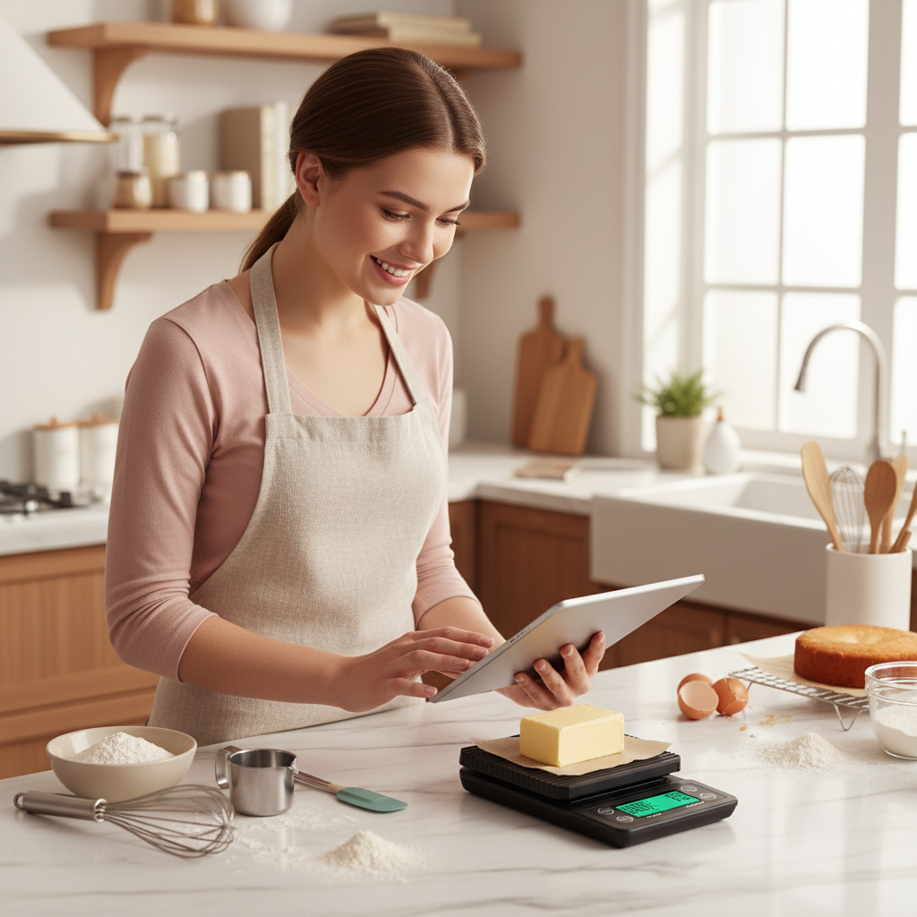 Femme pesant beurre avec Balance patisserie sur plan travail cuisine 