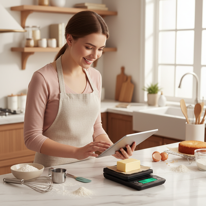 Femme pesant beurre avec Balance patisserie sur plan travail cuisine 