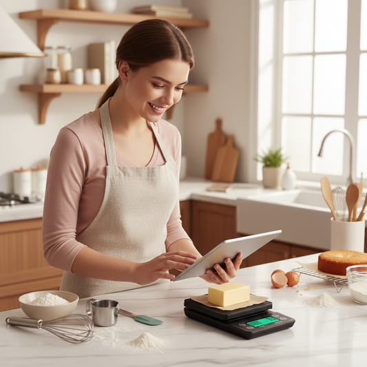 Femme pesant beurre avec Balance patisserie sur plan travail cuisine 