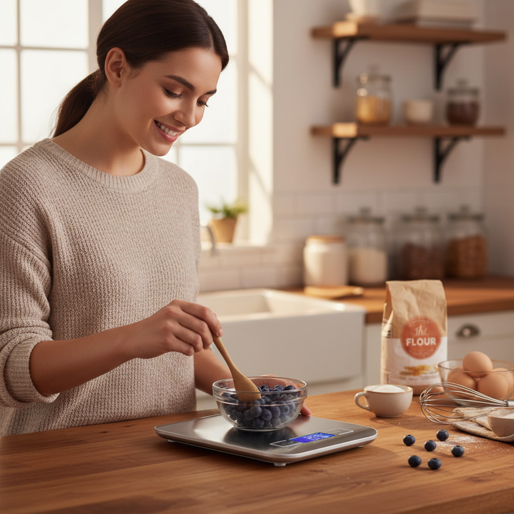 Femme pèse bleuet sur Balance de precision patisserie