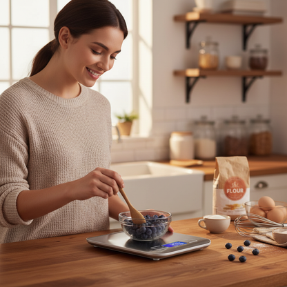 Femme pèse bleuet sur Balance de precision patisserie