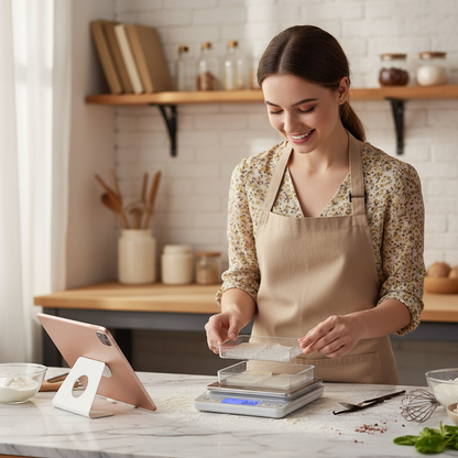 Femme pèse farine avec Balance pour patisserie dans cuisine