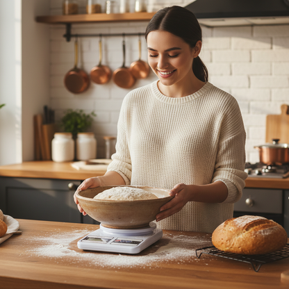 Femme pesant pâte à pain avec Balance de patisserie