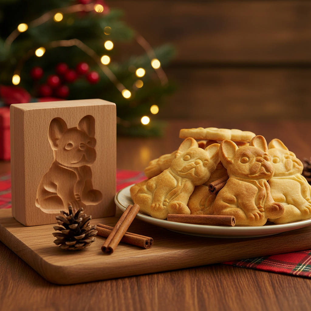 Table Noël avec Emporte-pièce pâtisserie bois et biscuits bulldog