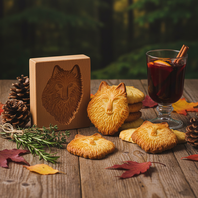 Table rustique avec Emporte-pièce pâtisserie loup et biscuits