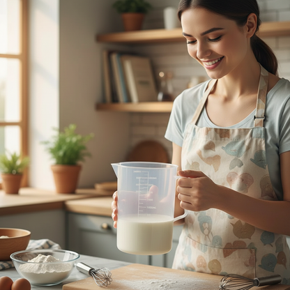 Femme tenant Tasse à mesurer remplis de lait dans cuisine 