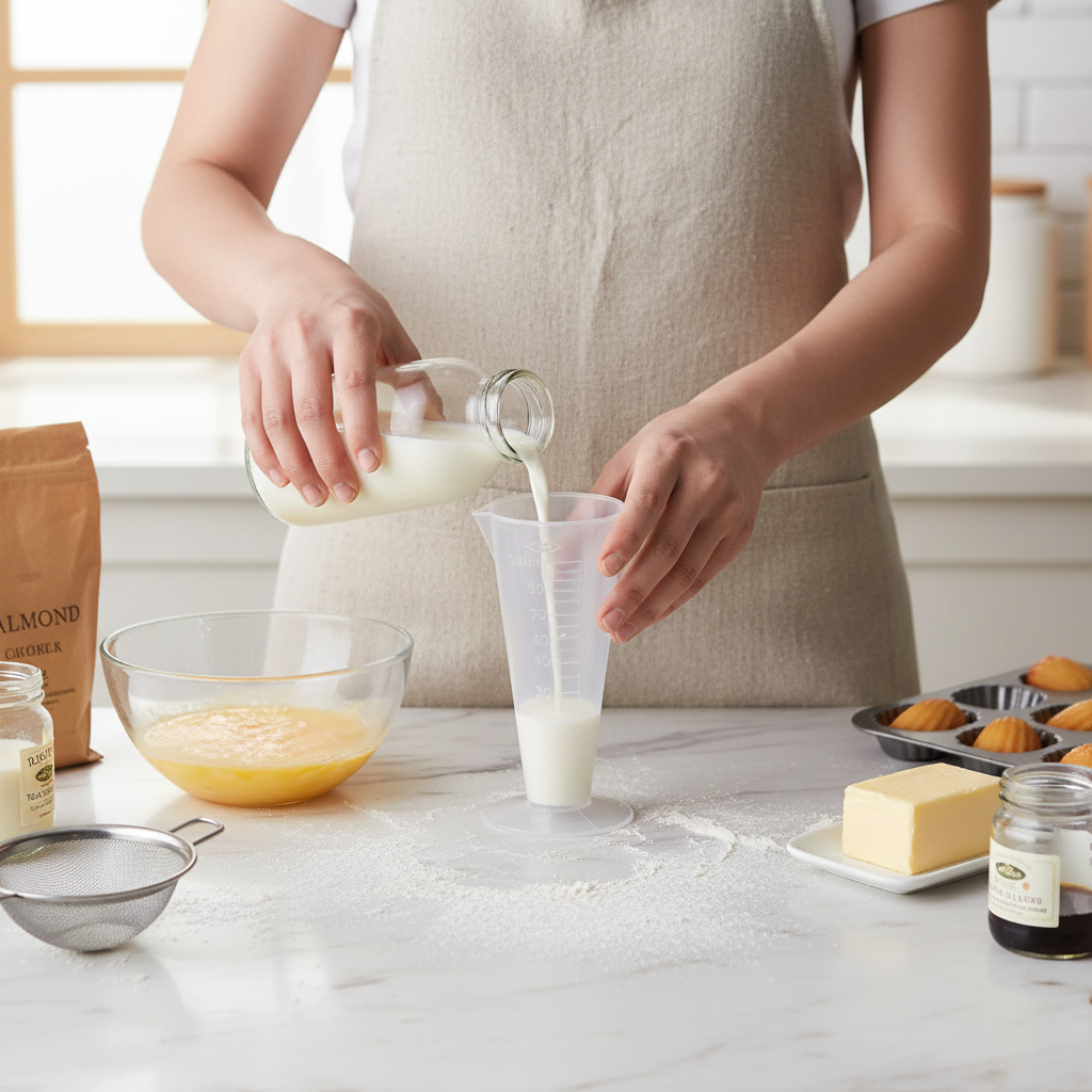 Versement lait dans Tasses à mesurer sur table marbre 