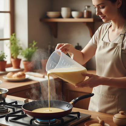 Femme versant pâte à crêpe dans poêle 