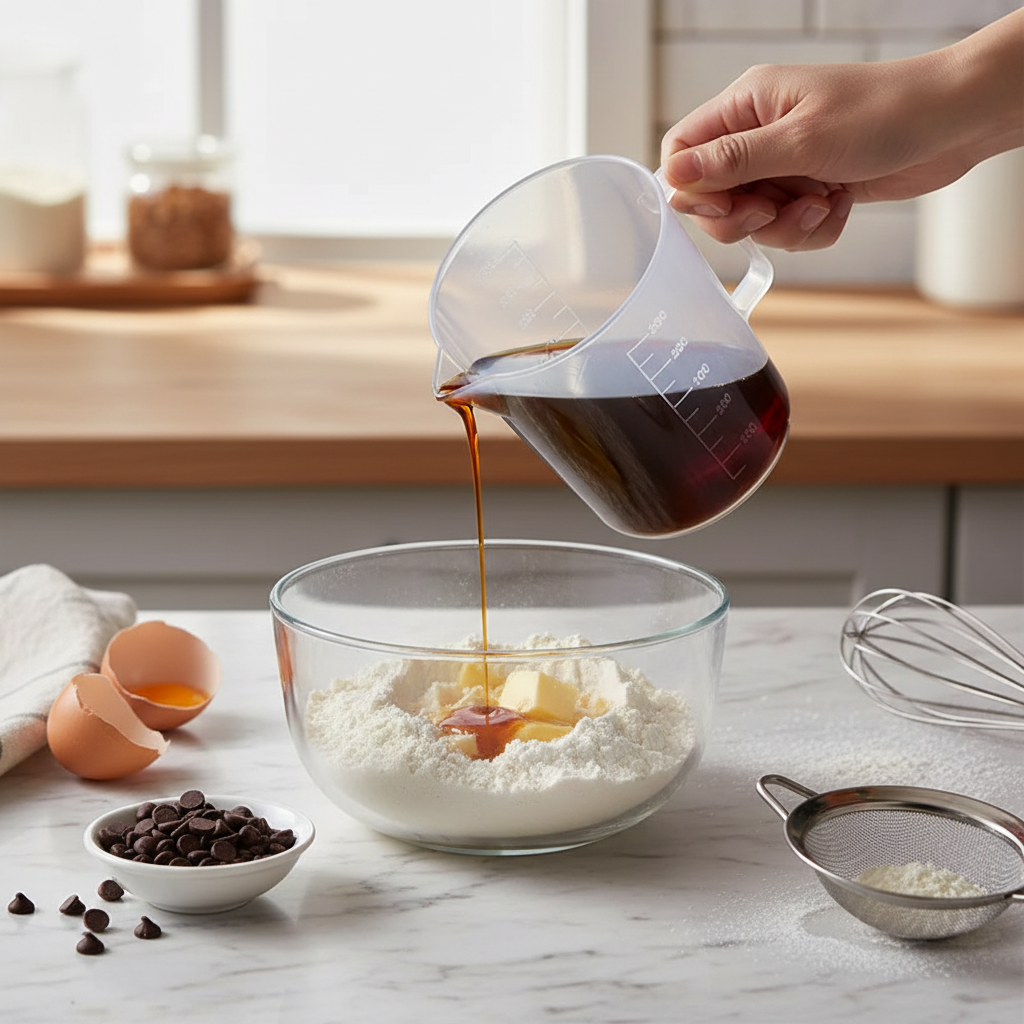 Mains tenant Tasse à mesurer pour verser vanille dans bol 