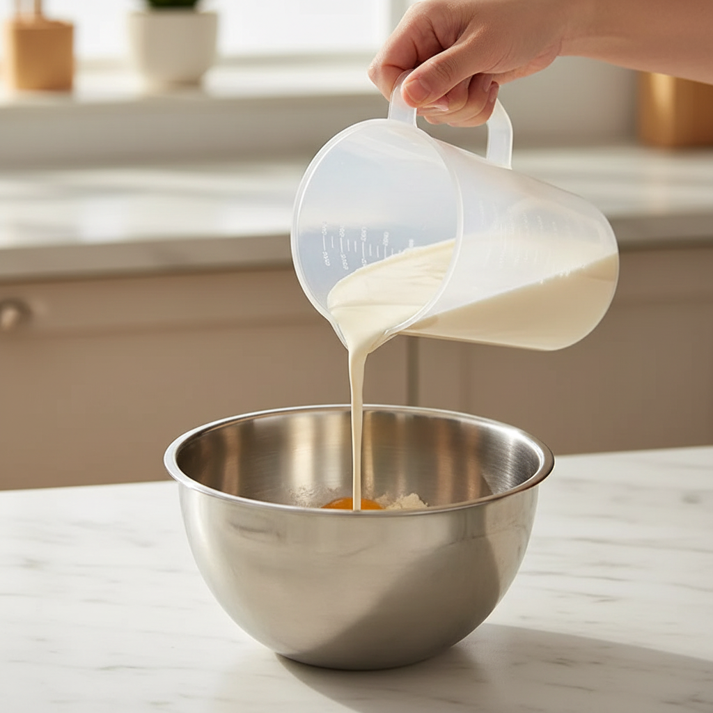 Mains versant lait avec Tasse à mesurer dans préparation pâtissière 