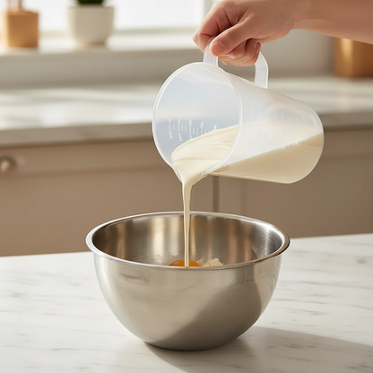 Mains versant lait avec Tasse à mesurer dans préparation pâtissière 