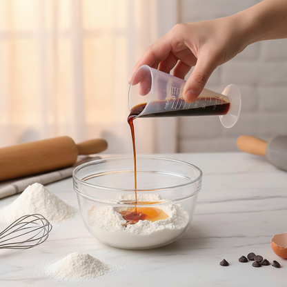 Versement vanille liquide avec Tasses à mesurer dans bol